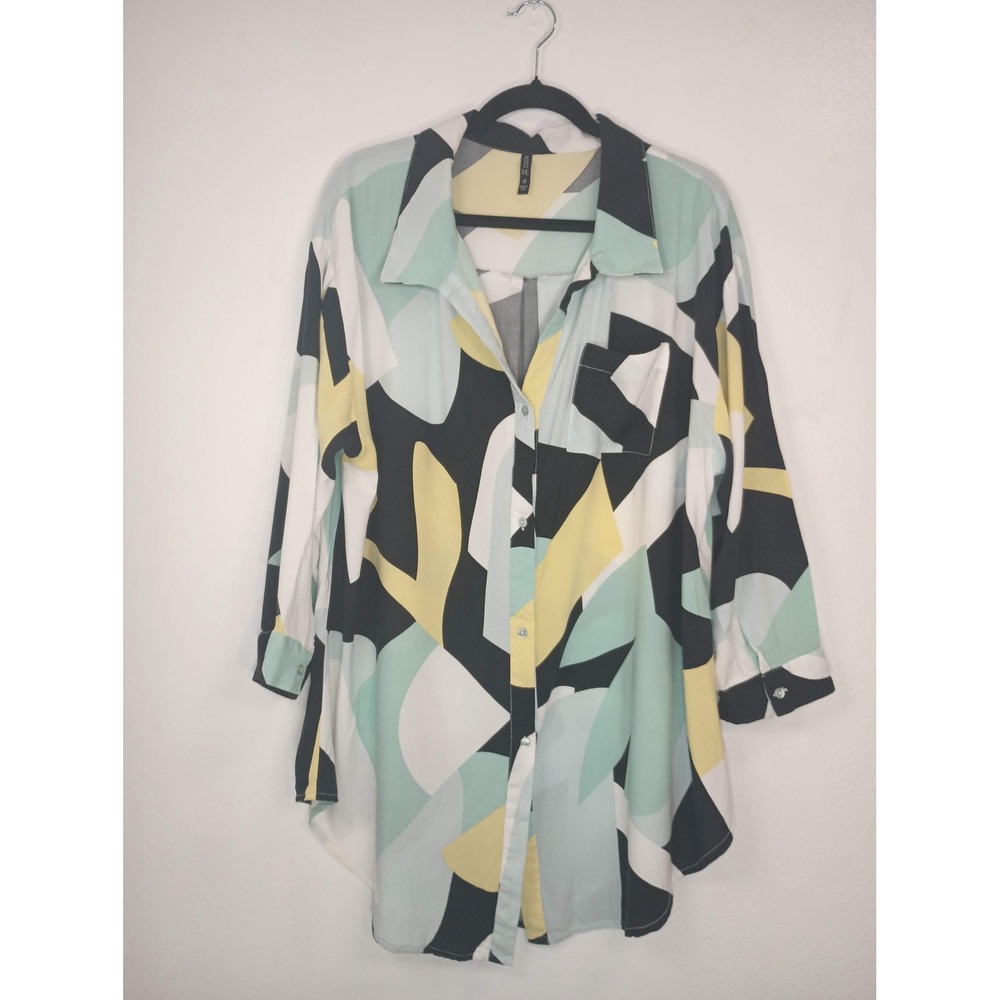 Boho Me Womens 1X Geometric Button Down Tunic Blouse Black Mint Yellow Artsy